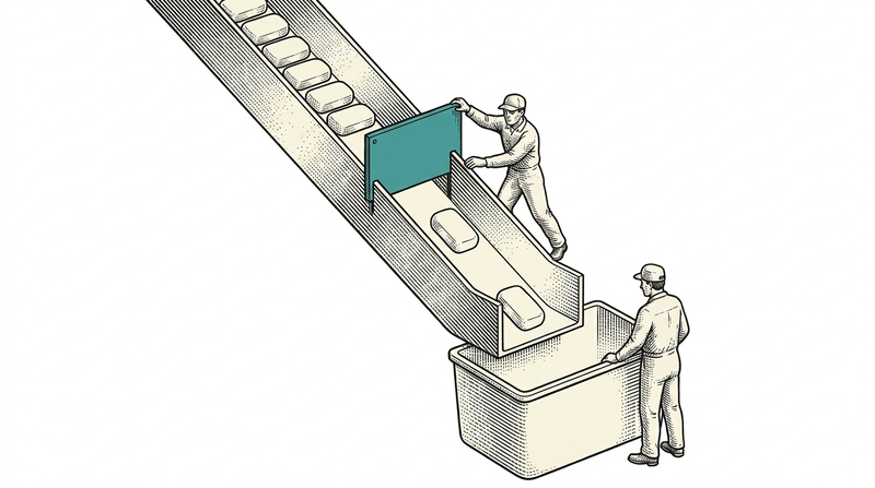 Human approval does not stop the line but turns it into a gate — every piece passes through one hand at a time.