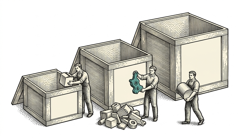 Scope splits into three boxes โ now, later, never. The hard decisions all sit in the middle one.
