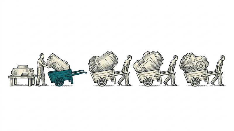 Heavy work does not fit on the device at once: it is split and hauled in order, and starts as soon as the first part lands.