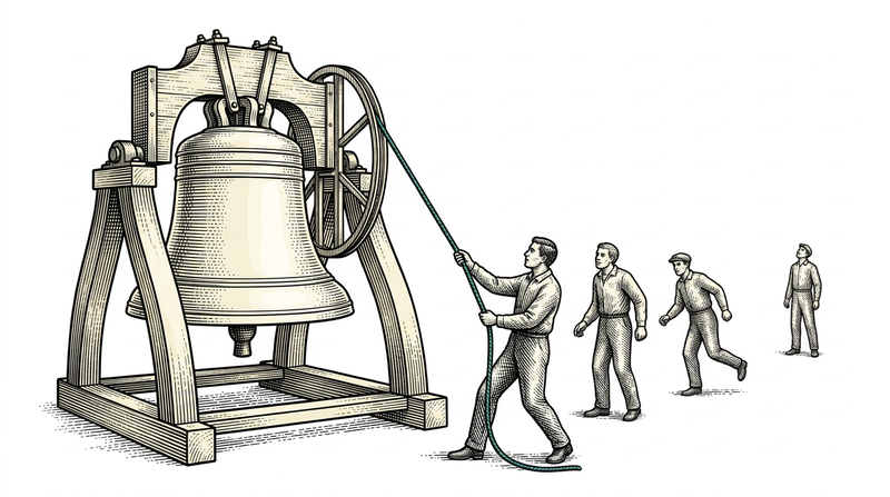 A release is announced from one bell โ who hears it when depends on distance, not on shouting at everyone at once.