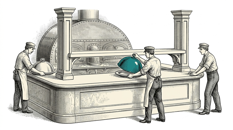 What the product is today is the single pass between kitchen and room: the same dish set down on one side and lifted on the other.