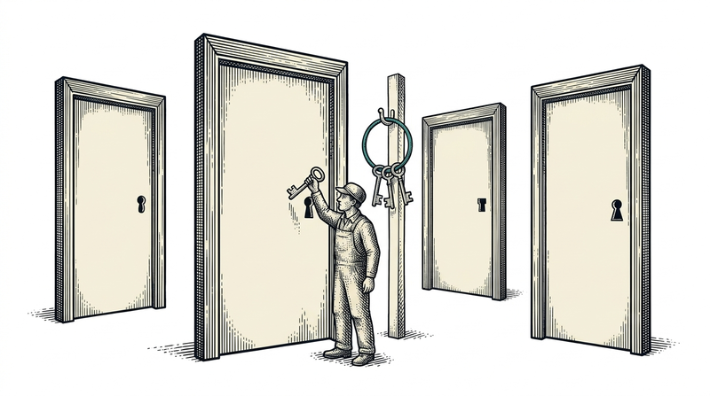 The same person appears at three doors with three keys β without one ring holding them, they read as three people.
