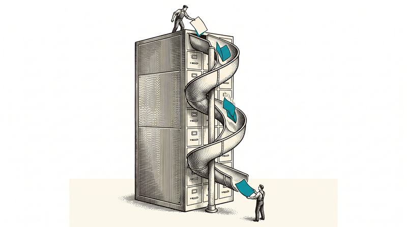 A filing tower with a single spiral chute where a teal sheet dropped in at the top comes out identical at the bottom, the tower having no other opening