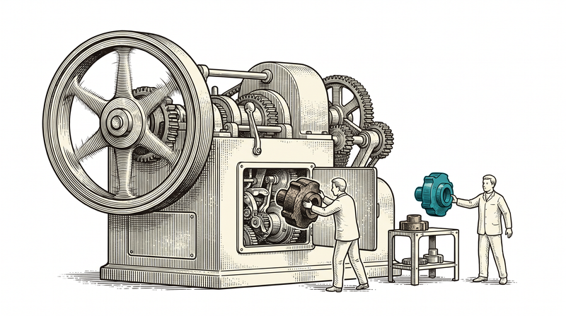 A worker lifting a worn dark part out through an open panel while a second hands over a fresh teal one from a stand, the flywheel still in place