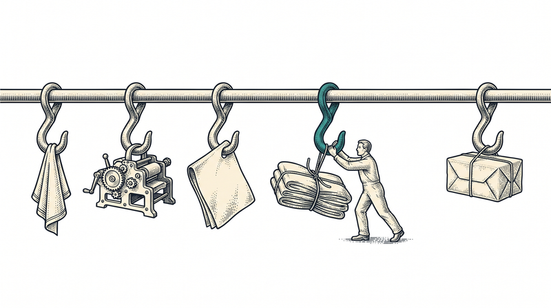 Four completely different jobs hanging from one rail — cloth, machine, sheet and bundle, all at the same stage; the worker slides the teal hook toward the right end where the wrapped job already waits