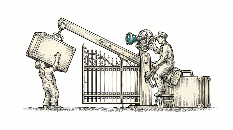 An inspector at a closed gate examining a case through a lens, with a second case waiting its turn behind