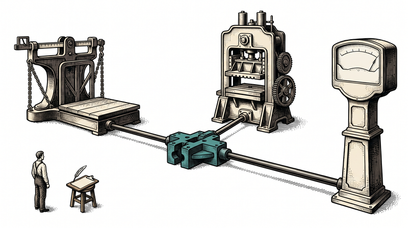 A scale, a press and a gauge stand apart, yet the rigid rods from all three lock into one central teal coupling block; the figure stands back with hands at their sides, the pen untouched on the stool