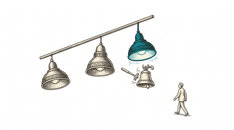 Only one of three lamps on a crossbar is teal and lit, a hammer has struck the bell beneath it, and a distant worker is walking toward the sound