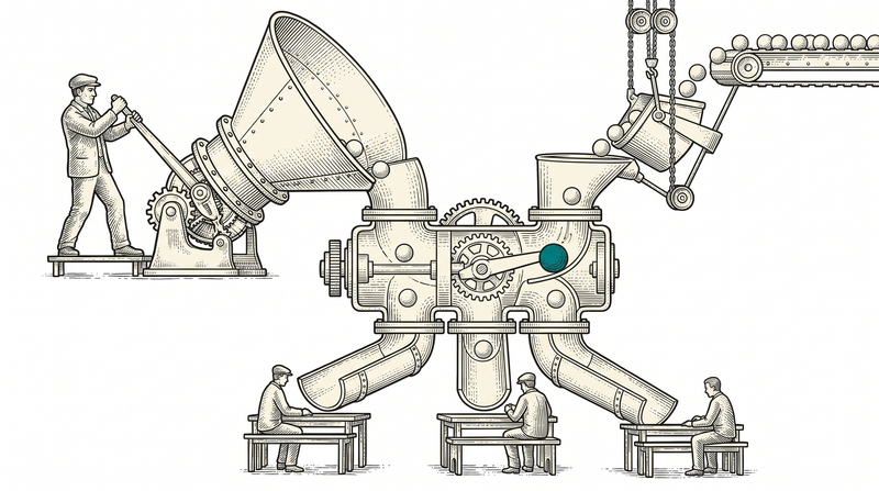 A worker feeds the left funnel by its lever while a self-tipping bucket feeds the right spout; both drop into the same sorting head, where an arm pushes the teal ball across into a different chute