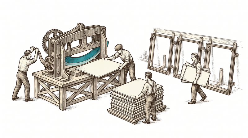 A stack of identical plates coming out of one cutting jig, with a worker carrying three of them to different frames