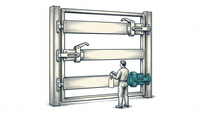 One gate with three bars: the upper two latches have lifted but the lowest teal latch is still down, so the gate stays shut and the worker waiting with a blank tag has not passed