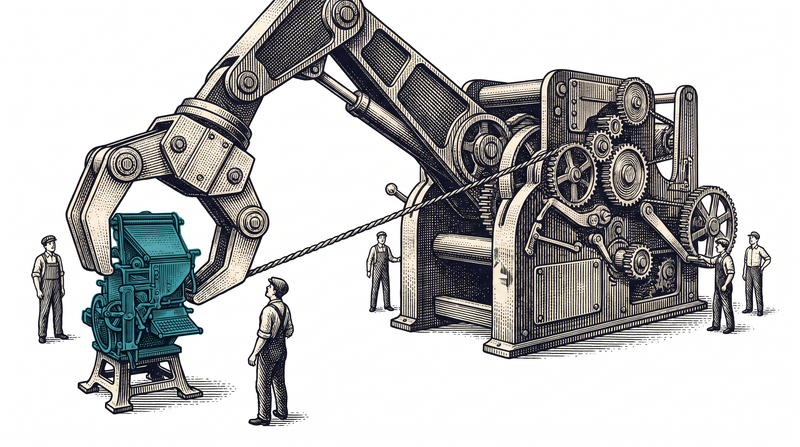 A jointed arm from the machine gripping a teal device on its own stand, with a taut cord running from the gripper back into the machine body
