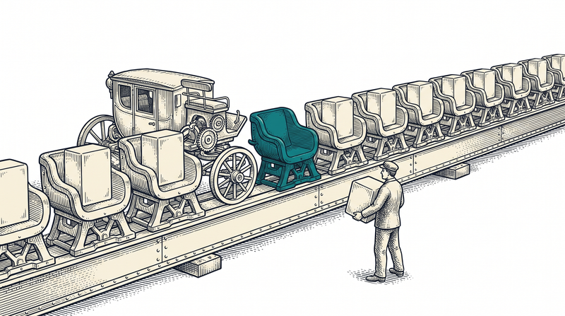 Every seat in the row is filled except one in the middle; the carriage has stopped right there while the worker holds the missing piece