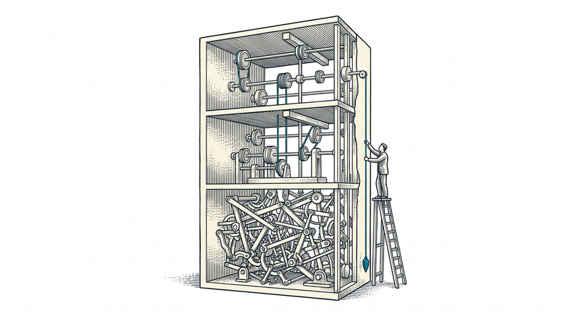 A three-level cutaway with tangled linkages at the bottom and two orderly levels above, while a figure on a ladder drops a teal plumb line through all three