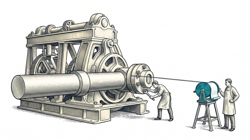 A coupling clamped onto the shaft of a huge machine, driving a small recording drum through a taut cord while the machine itself stays untouched