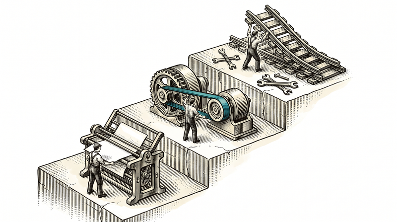 Three rising stone steps: on the lowest a figure feeds paper through a copying press, on the middle one links two machines with a teal belt, on the highest lifts the track itself and lays it in a new direction