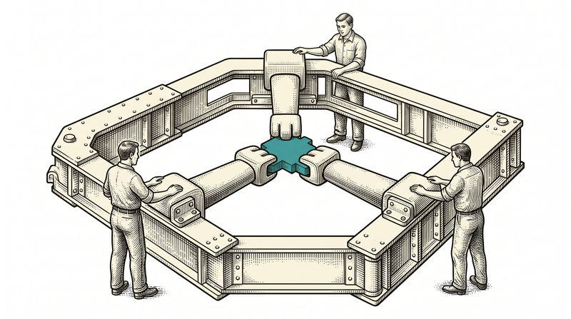Three separate padded arms grip and steady the one small piece at the very centre of an enormous frame