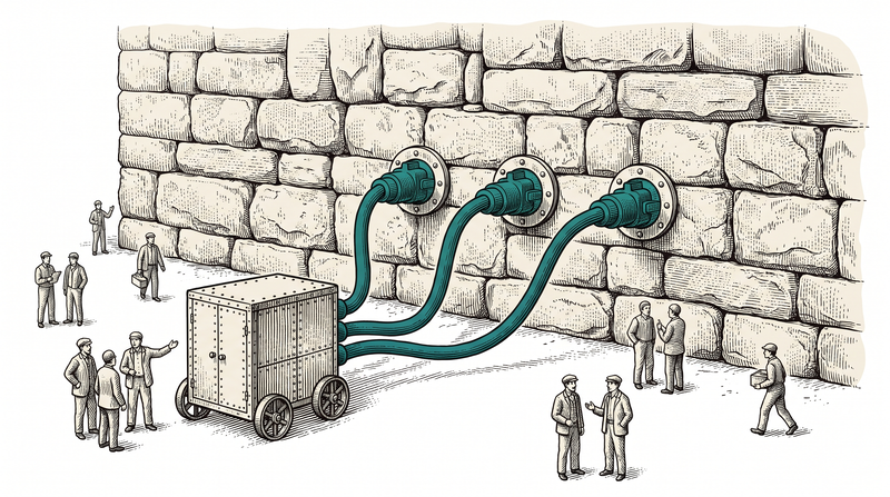 Three teal connectors from a separate wheeled cabinet seated fully into three sockets already built into a massive existing stone wall; not one stone has been removed and there is no scaffold and no tool