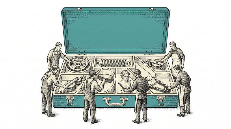 The inside of a single case is divided into six differently shaped compartments, with six people reaching into their own at once and no second case anywhere