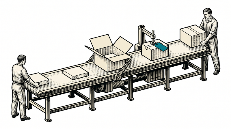 On the packing bench the item is boxed by itself and an arm presses the teal label onto the box; one worker sets down the next item, the other lifts off the finished box