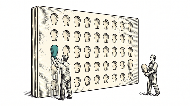 A giant board whose every socket takes one peg only; a worker presses the teal peg into a free socket while the worker on the right has stopped short with their peg, because the socket they were reaching for is already taken