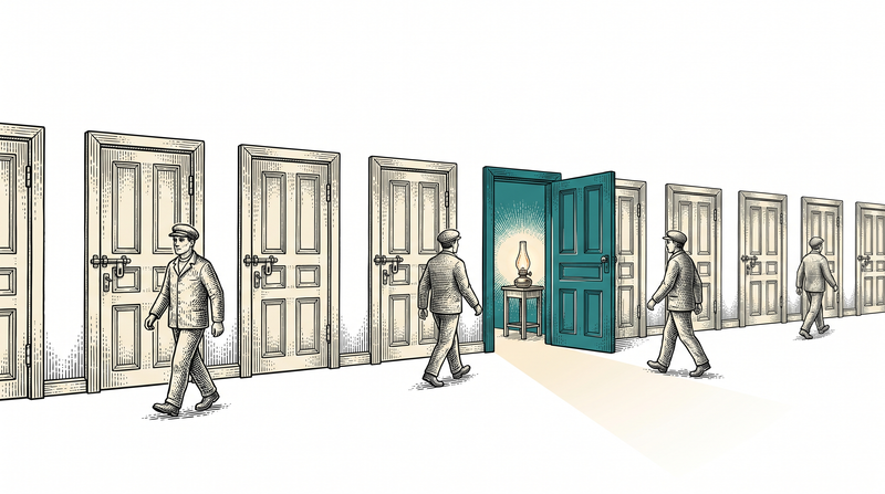 A long corridor of identical doors standing shut one after another; only one is open with a lamp burning behind it, while the workers walk on past the closed ones