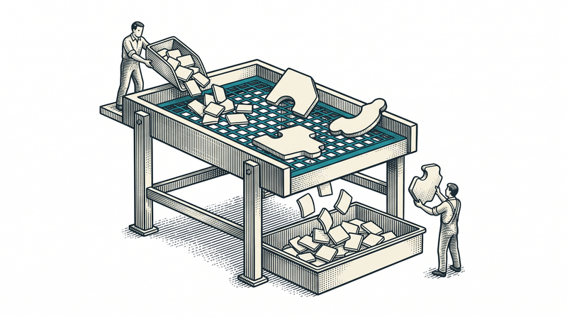 Fitting pieces falling through a teal sieve into a tray while three odd-shaped ones stay caught on top, with a second worker lifting one to examine it