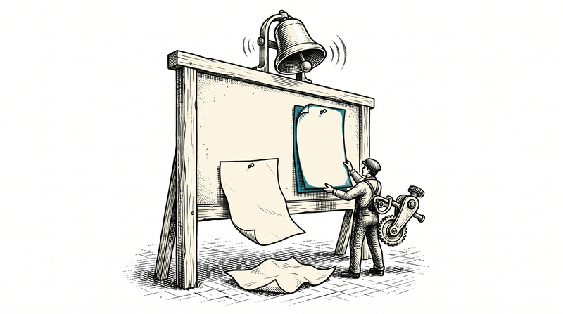 On a noticeboard the pinned sheet has just been replaced by a new one and the old sheet is fluttering to the floor; the small bell above the board has struck, and the figure holds both sheets side by side with an adapter part in their other hand