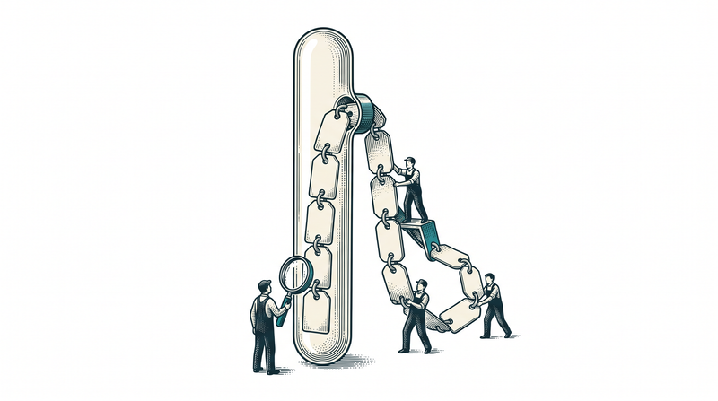 A chain of stamped metal tags feeds into one long sealed glass tube standing alone, each new tag locking onto the previous one as it enters; a figure reads the tags through the glass with a hand lens, and the tube has no opening anywhere along its length — nothing that goes in can be taken back out