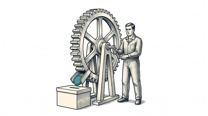 A lone guard beside a single wheel in an otherwise empty field — no building, no road, nobody else; one notch of the wheel drops the teal token down the chute into the closed box below