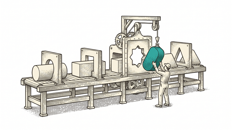 Shaped gates along a bench; the teal item did not fit the star-shaped hole and snagged there, and a worker is lifting it out while every other item has passed through its own matching hole