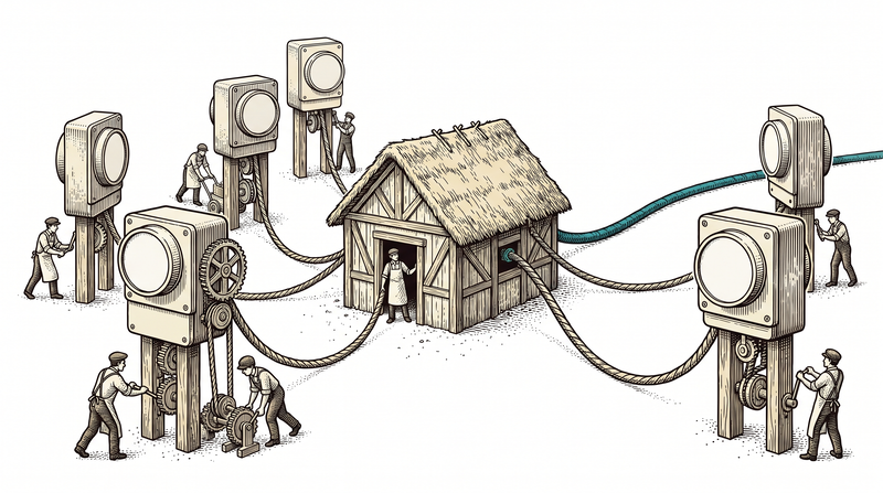 Meter cords entering a hut from several directions and one single cord leaving it on the far side