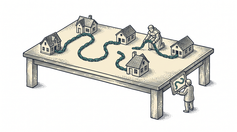 Model houses scattered across a giant table; one figure lays a teal chain so it touches each house once in a chosen order, while a second below holds the same chain shape in a small hand frame