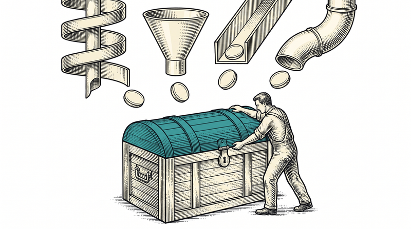 Four completely different chutes — a spiral, a funnel, a trough and a pipe — all come down onto one single chest, each dropping its own token, while the worker presses the teal lid shut with both hands