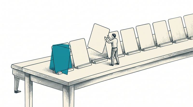 One of a row of blank cards standing in grooves has been moved to the front in teal while a worker lifts another from the middle and the rest stay in place