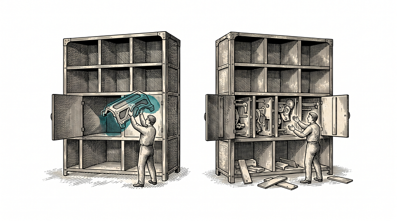 Two identical racks: on the left a worker lifts the piece straight out of one compartment without pausing, on the right another has four doors open and is still searching