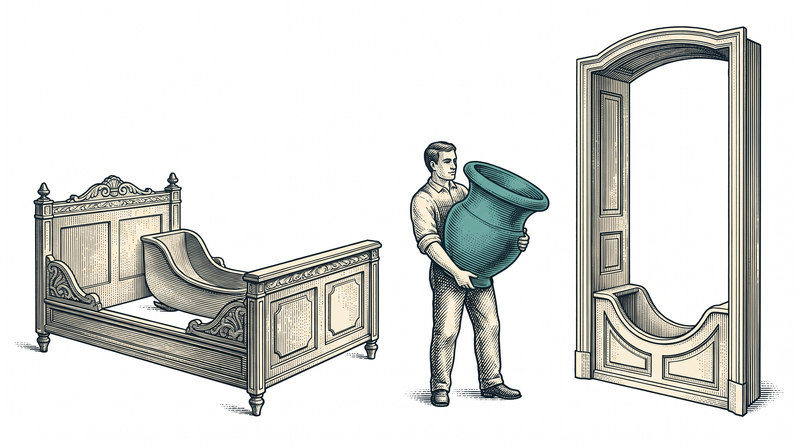 Two identical empty cradles, one in the bed frame and one in the doorway sill, with the worker midway carrying the single vessel that fits either