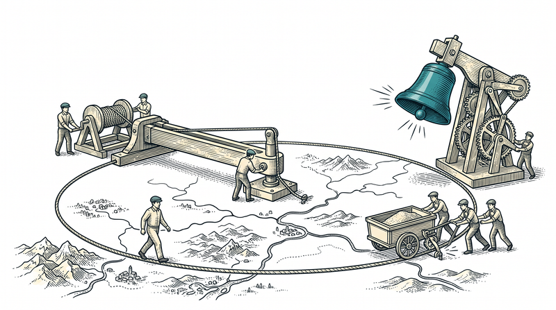 A closed circle drawn in rope on a map floor; a cart crossing the line trips a geared frame and its bell rings