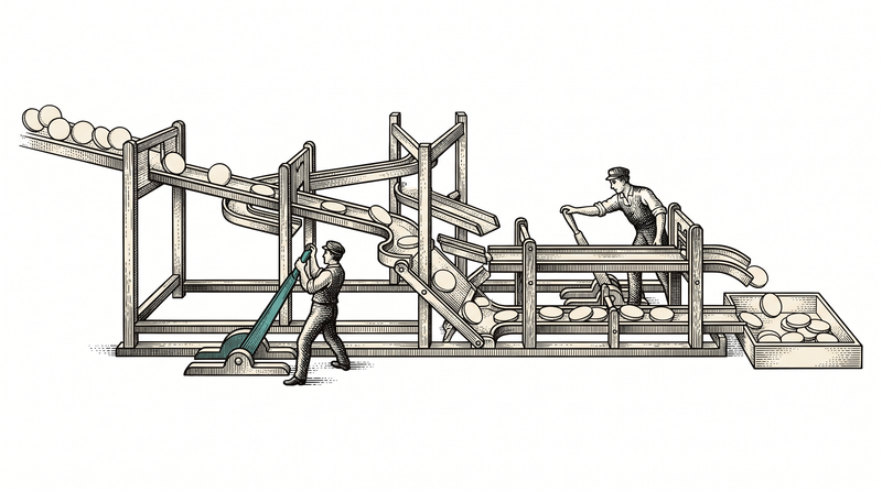 A wide framework of rails, gates and tipping levers; tokens enter at one end, pass through every gate and arrive in a tray at the other, worked by two figures — with no safe or vault anywhere in sight