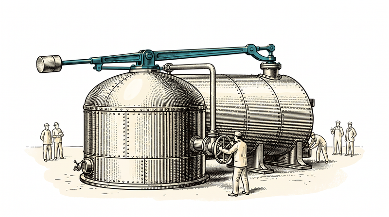 A worker turning a valve as the teal pressure relief arm settles back down, the boiler intact and still working