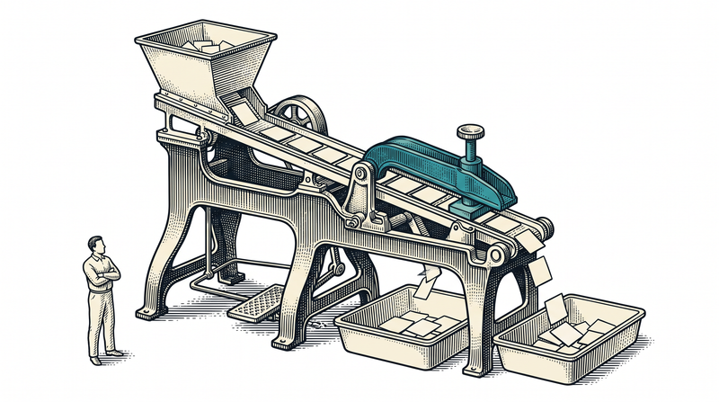 A machine running by itself: a teal arm presses each piece falling from the hopper and sorts them into two separate trays, while a worker stands to one side with folded arms