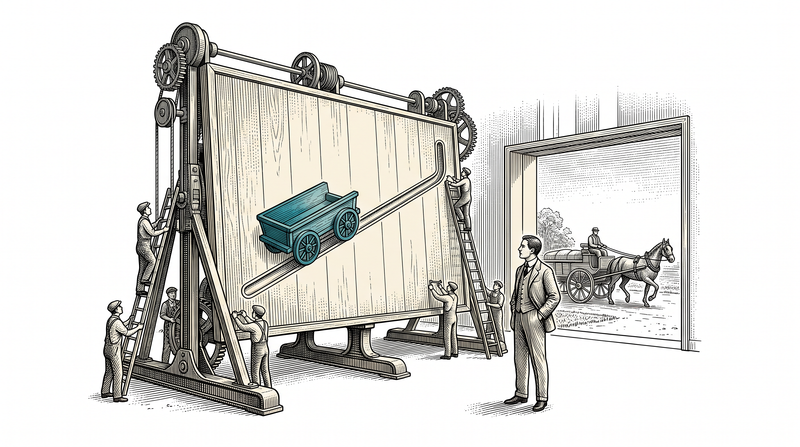 A large board carrying a carved cart token sliding along a groove cut into its face; through the window opening beside it a real horse-cart is seen outside moving the same way at the same moment, and the figure standing between them simply watches, arms at their sides, writing nothing down
