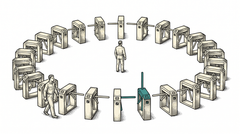 A ring of turnstiles around a wide circle: every one the guard has passed has dropped its arm flat, and only the teal one still stands upright while a second figure waits at the centre