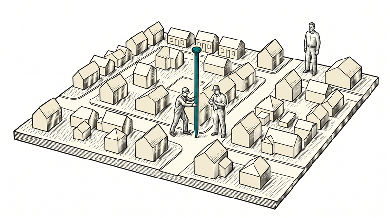 In one street of a town model a two-person crew has mended a lamp; one of them pushes a single teal pin into the spot where the job was done, while a figure at the edge sees the whole town at a glance