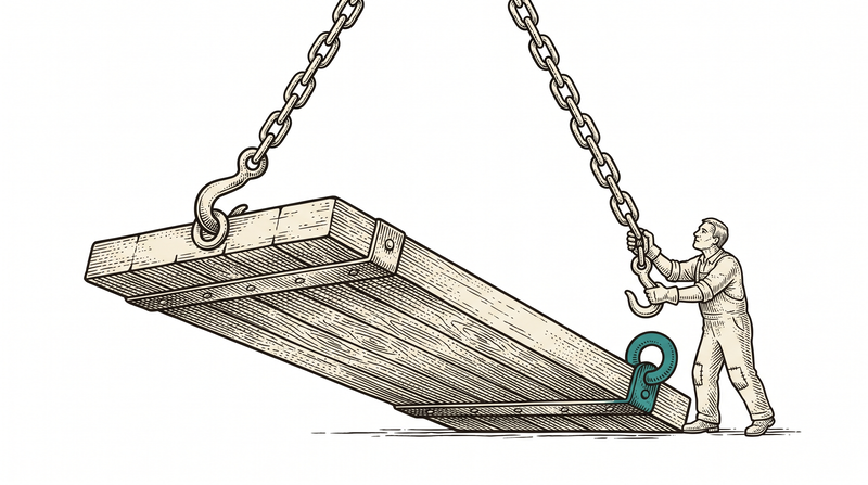 A two-chain hoist: the left chain is hooked and taut while the right hook has not yet caught its ring, so the platform does not rise