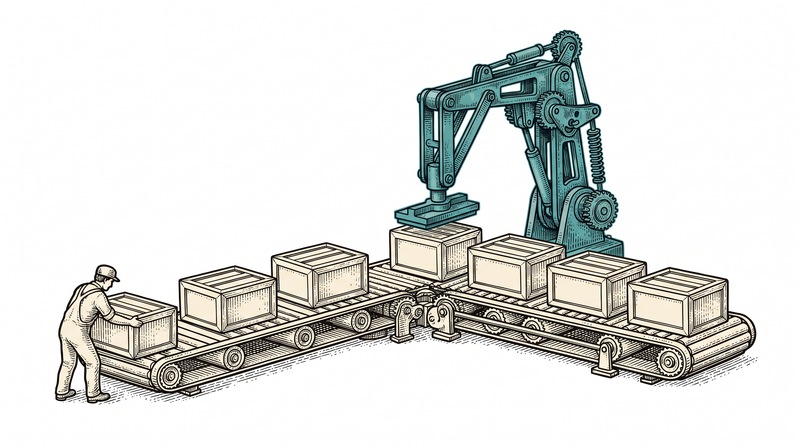 A teal mechanical arm stamping crates as they pass along a conveyor with nobody touching them and no worker anywhere along the line