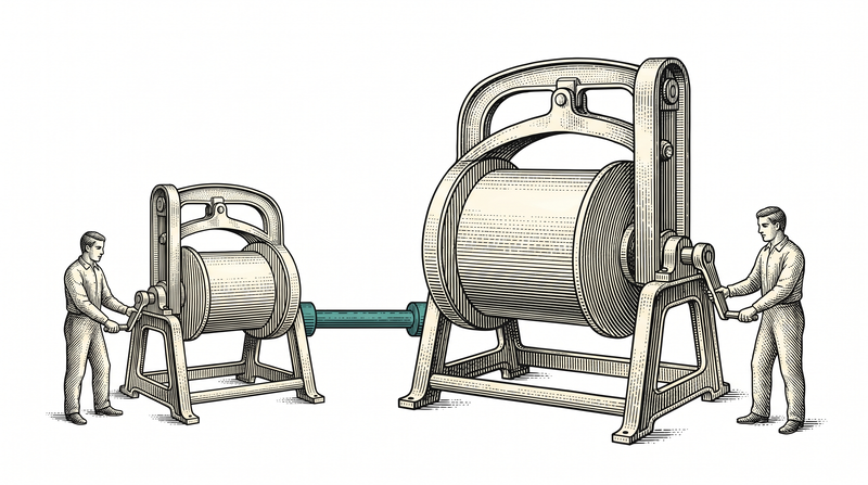 A small machine on the left and the same design scaled up on the right โ same frame, same drum, same crank, only bigger; one teal shaft joins them and both workers turn identical cranks