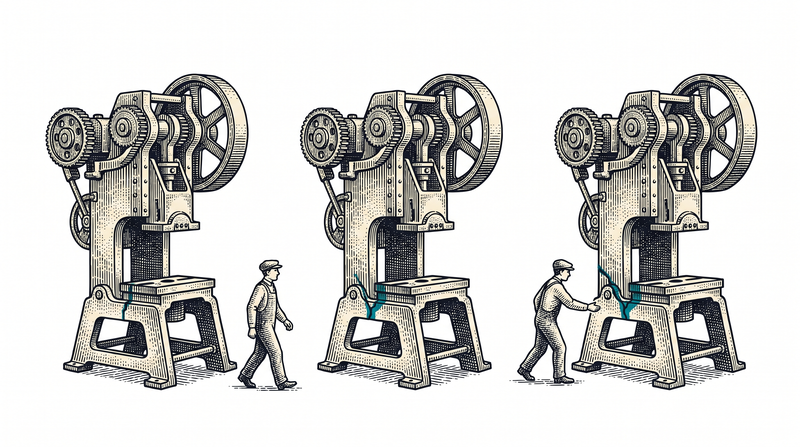 Three identical machines each with a thin teal crack in exactly the same place, while an inspector walks past the first two and reaches straight for the third