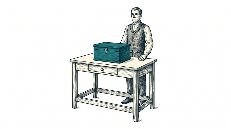 A swept, completely bare counter with nothing on it but one closed teal ledger box; the drawer is shut, the shopkeeper's hands rest empty on the top, and not a single slip lies anywhere