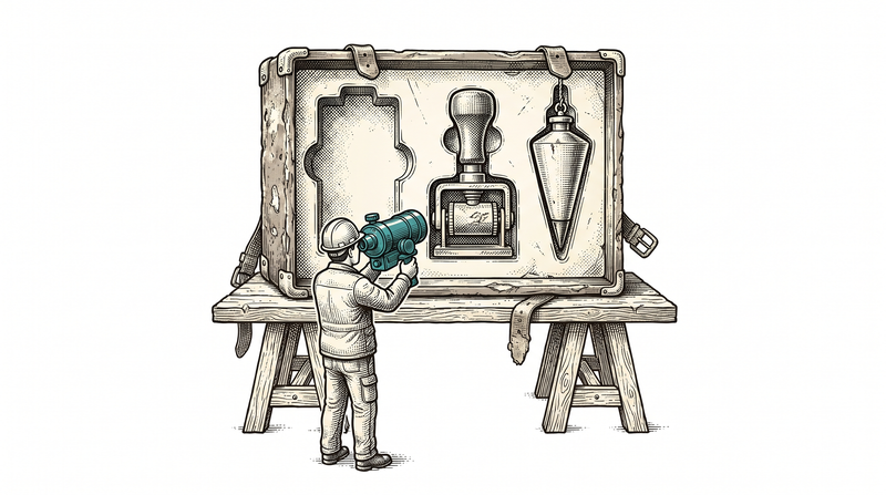 A worn field case open on a trestle with every tool in its own shaped recess; a hard-hatted worker has lifted the teal reader out and uses it right there — with no desk and no office in sight